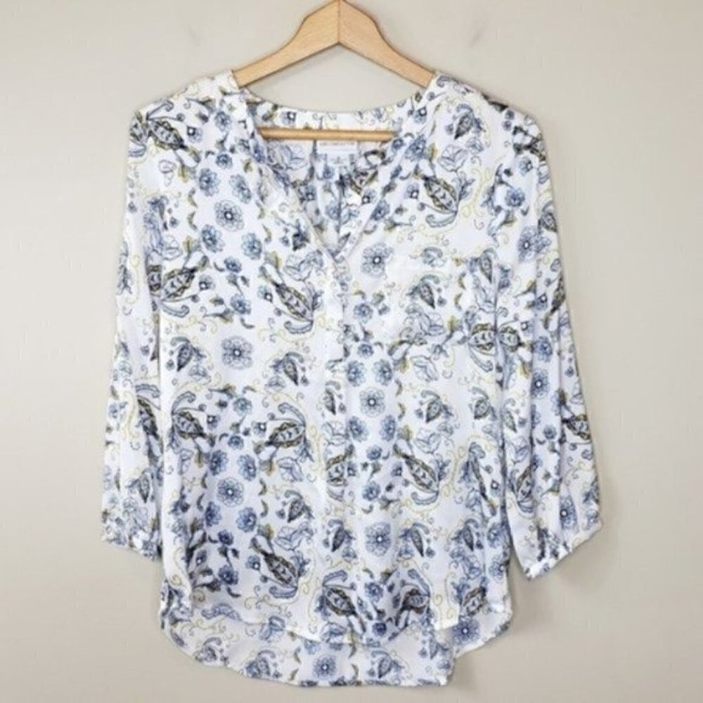 Liz Claiborne Yellow Blue White Floral Print Blouse Size Small